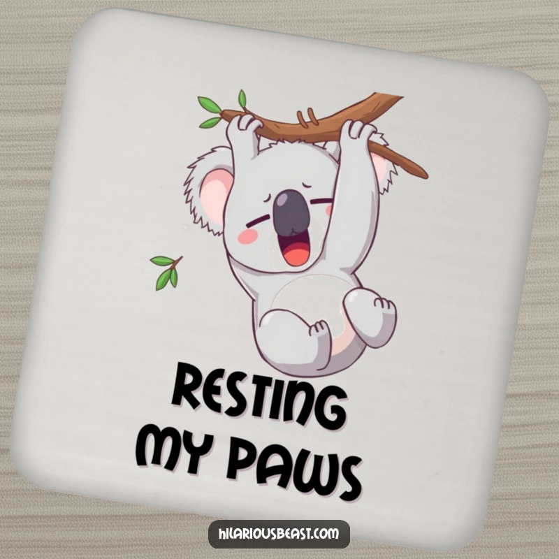 Funny koala coaster showing a sleepy character yawning upside down, protecting surfaces with humor.