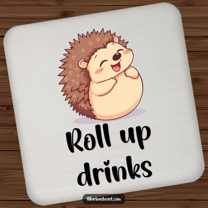 Funny Hedgehog Coaster: a plump hedgehog grinning and rolling into a ball, adding humor to drink protection.