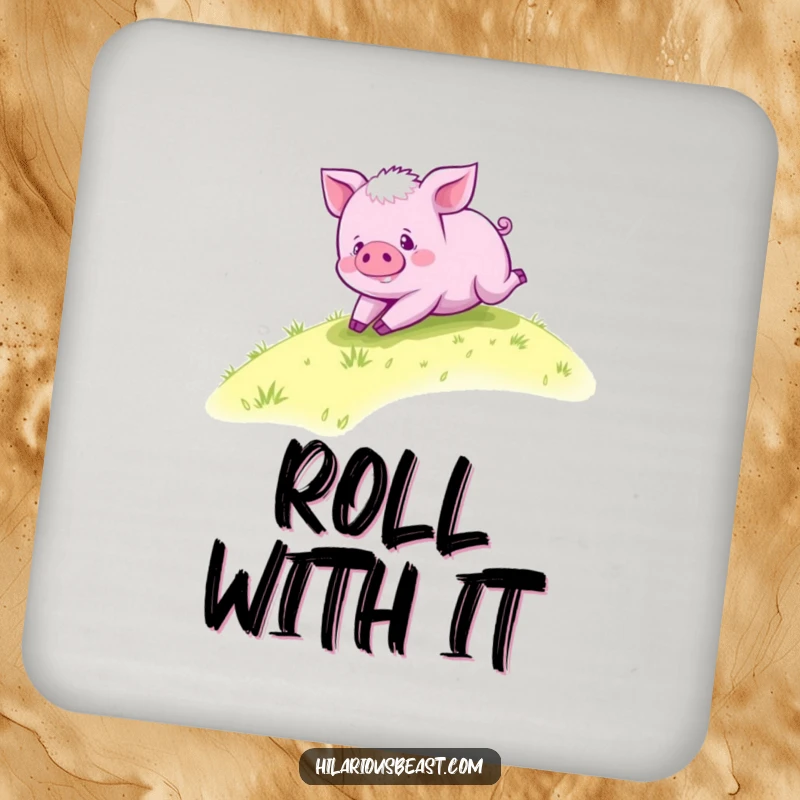 Funny purple piglet coaster, a happy piglet rolling down a grassy hill, protecting surfaces with adorable, carefree charm.