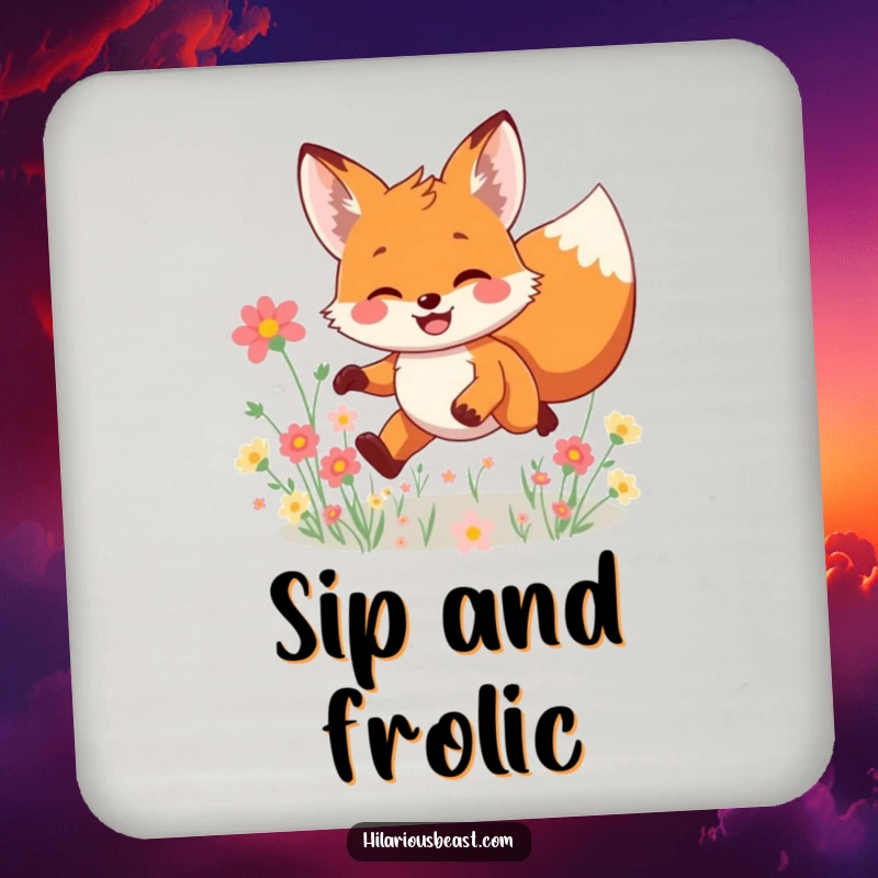 Funny smiling fox coasters, four pieces featuring a character leaping joyfully through a field of flowers, offering playful protection for drinks.