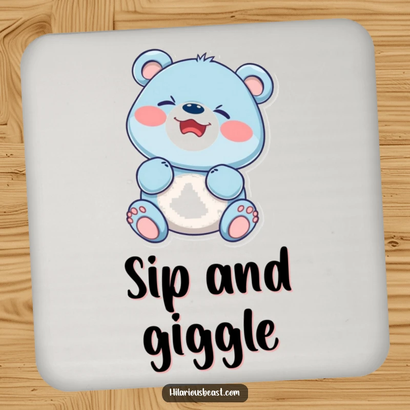 Funny blue bear cub, scrunched face, captured mid-giggle, adding humor to your tabletop with this protective coaster.