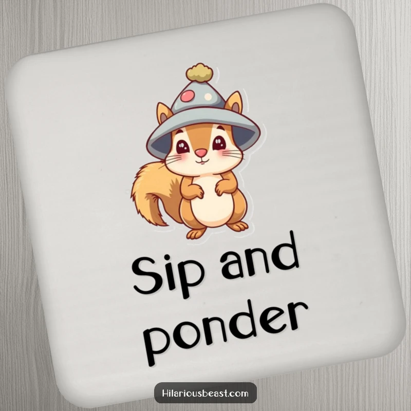 Funny small squirrel drink coaster wearing a silly oversized hat, looking comically bewildered.