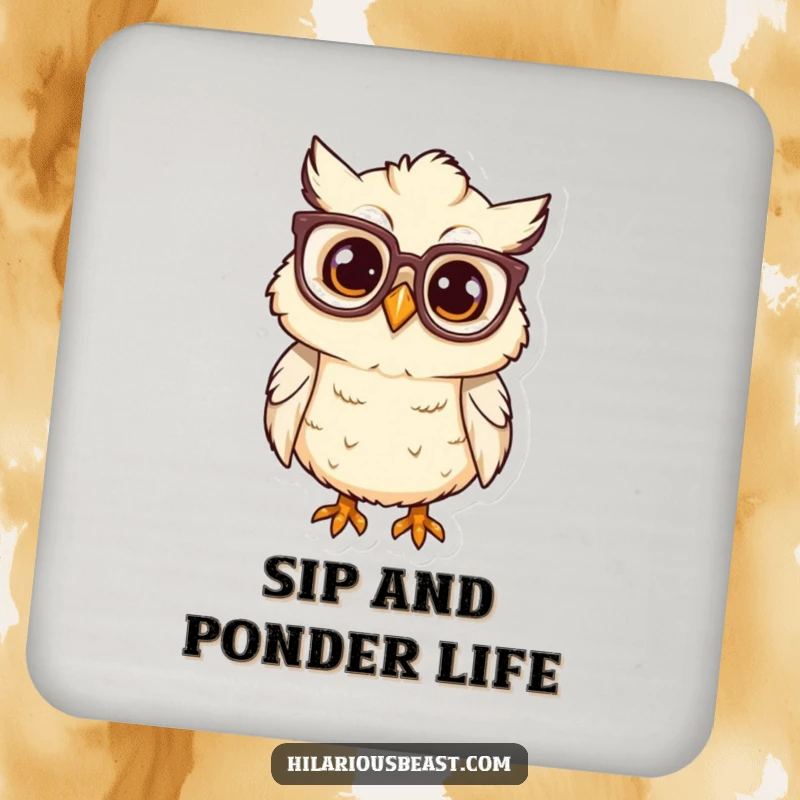 Funny owl chick with large glasses, tilting head, set of coasters, drink protection.