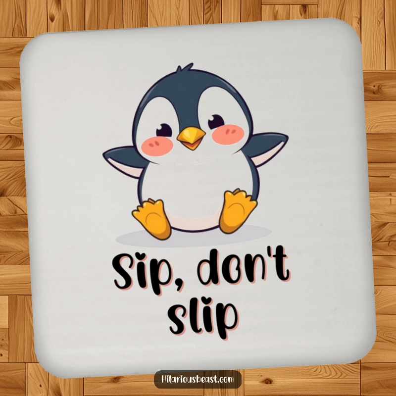 Funny penguin drink coaster depicting a clumsy penguin tripping with a surprised expression, offering protection with a humorous touch.