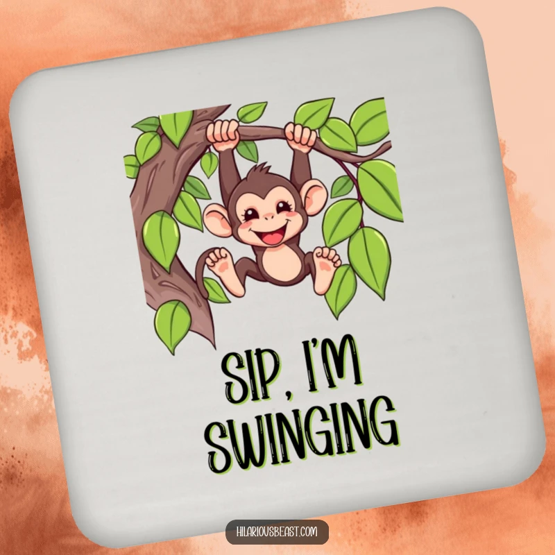 Funny Drink Coaster featuring a mischievous monkey swinging from a vine with a grin, adding jungle vibes and protecting surfaces.