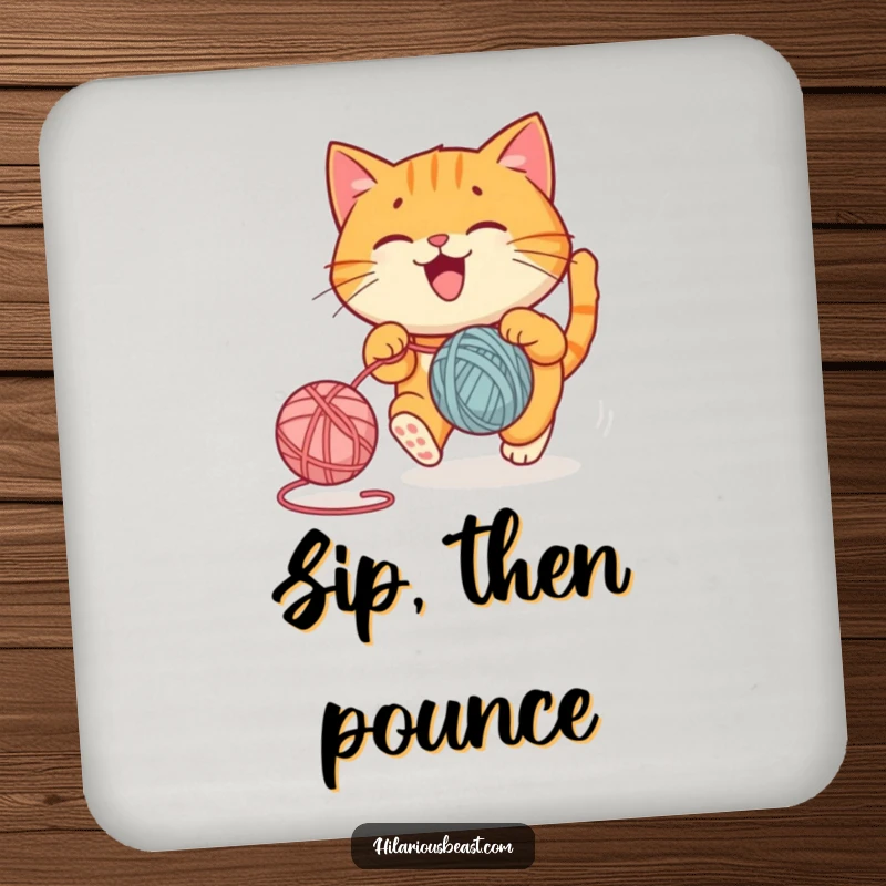 Funny drink coaster featuring a round orange cat joyfully chasing a bouncing yarn ball, a delightful funny gift.