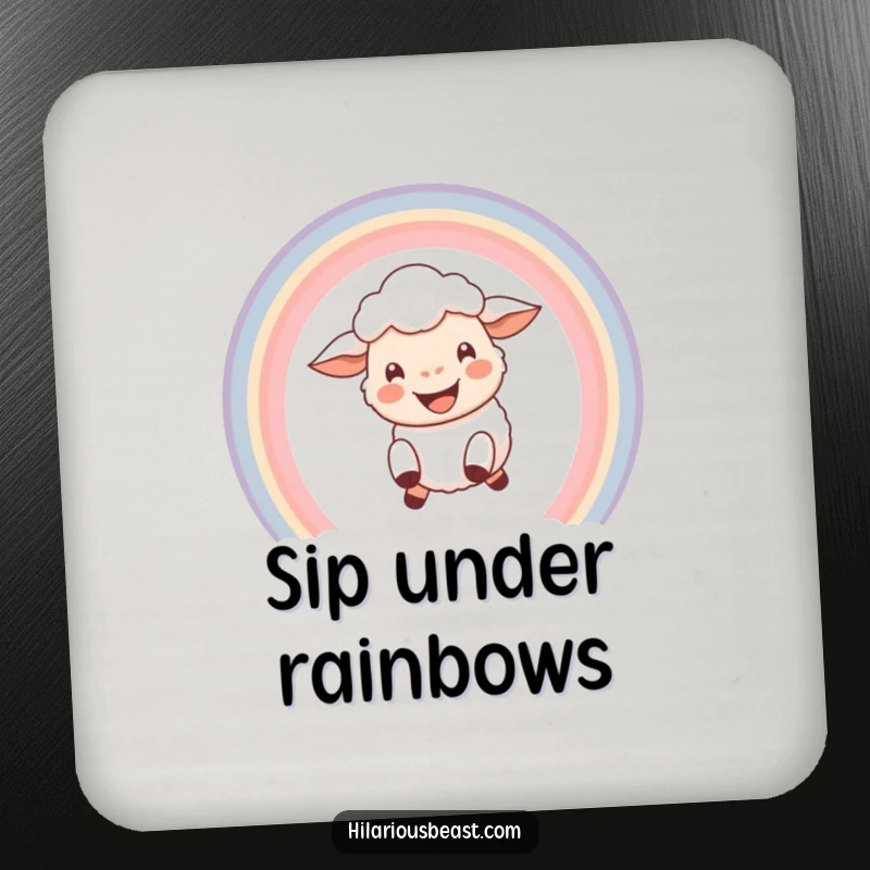 Funny coaster set with a happy sheep with a wide grin leaping through a vibrant rainbow, protecting surfaces with joy and humor.