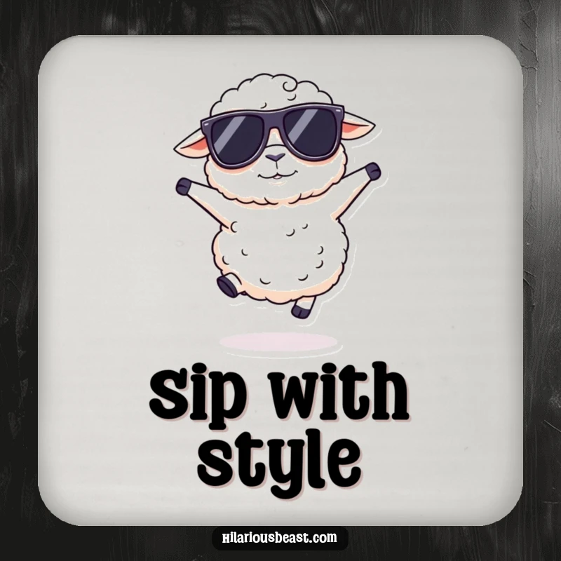 Funny fluffy sheep coasters featuring a sheep wearing oversized sunglasses, doing a silly hop, protecting furniture with cool humor.