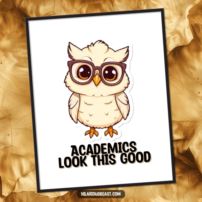 Funny owl chick with big glasses tilting head, looking inquisitive, humorous wall art poster.