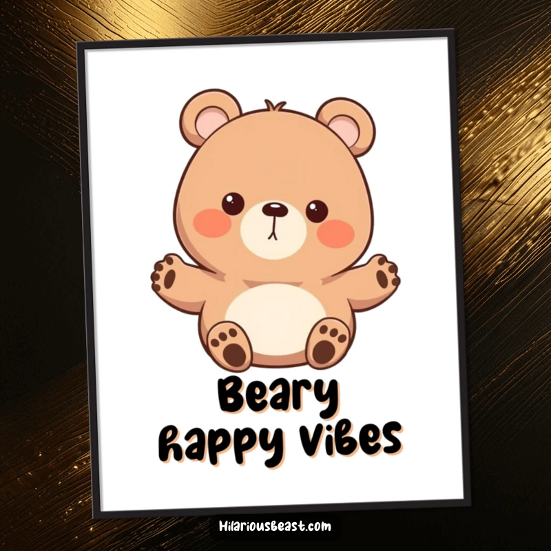 Funny round bear poster, a character with tiny paws waving enthusiastically, depicted in a friendly and charming style for delightful wall decor.