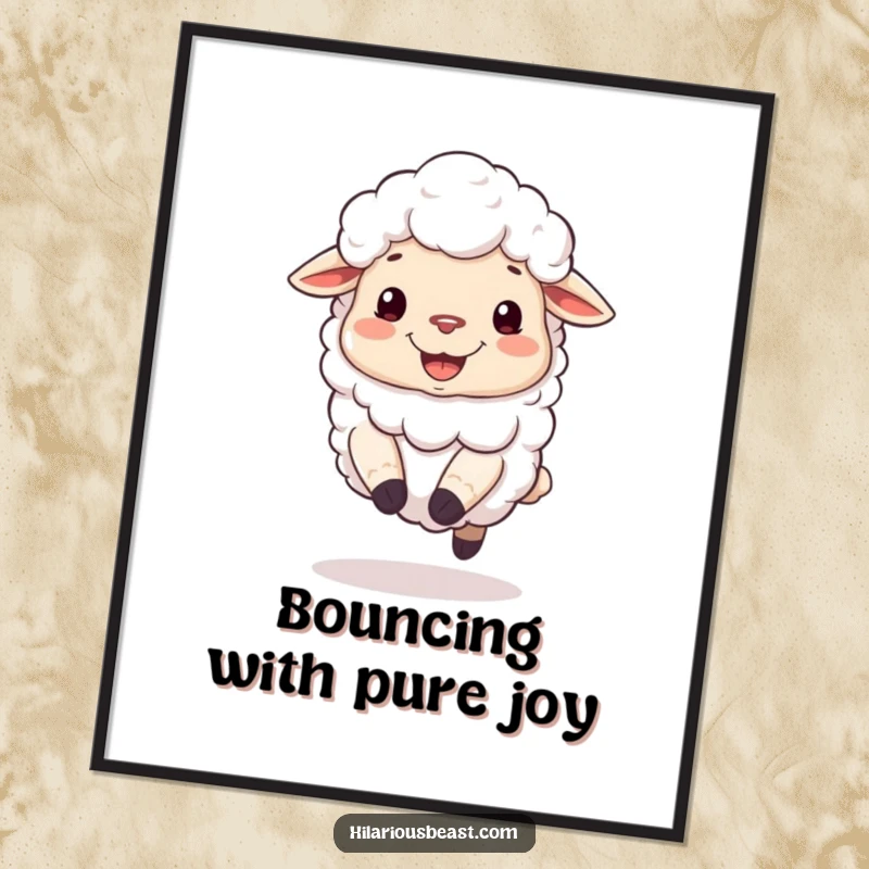 Funny poster art of a fluffy sheep with a silly grin, joyfully bouncing on its hooves.