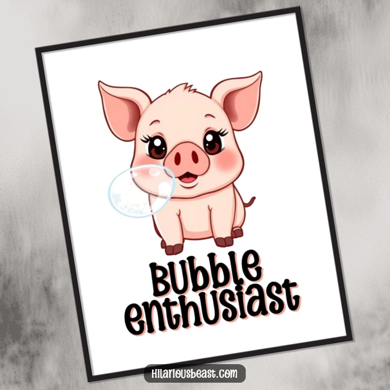 A large, colorful illustration of a funny piglet with ecstatic eyes, blowing a massive bubble, printed as wall art.