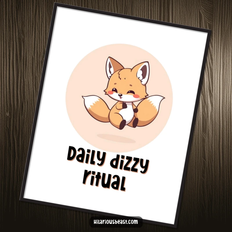 Funny poster art of a small, round fox cub in a blur of motion, energetically chasing its own tail in a playful circle.