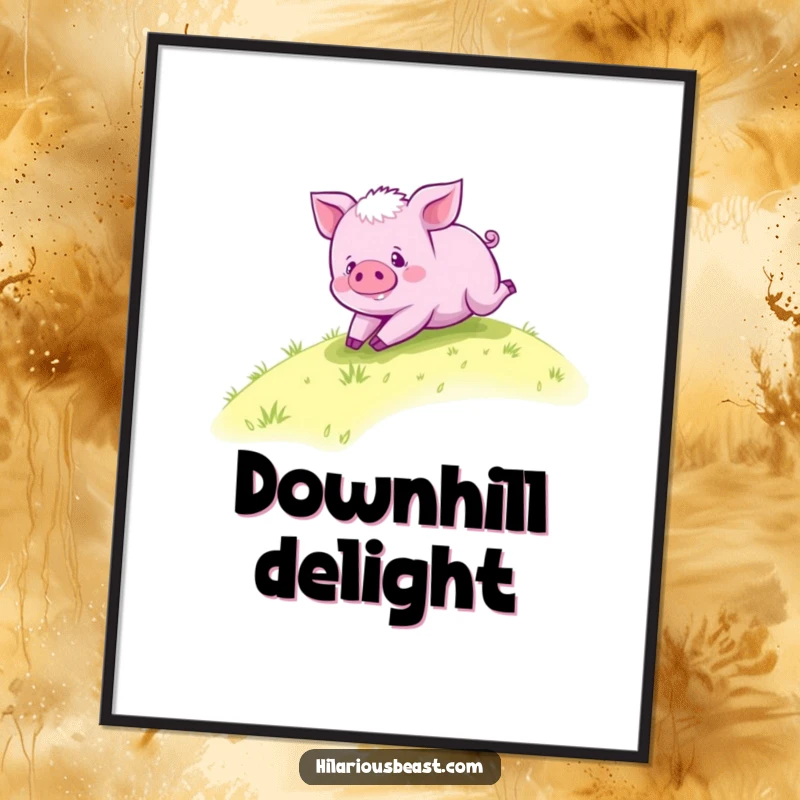 Funny purple piglet poster, a happy piglet gleefully rolling down a grassy hill, bringing an element of playful fun.