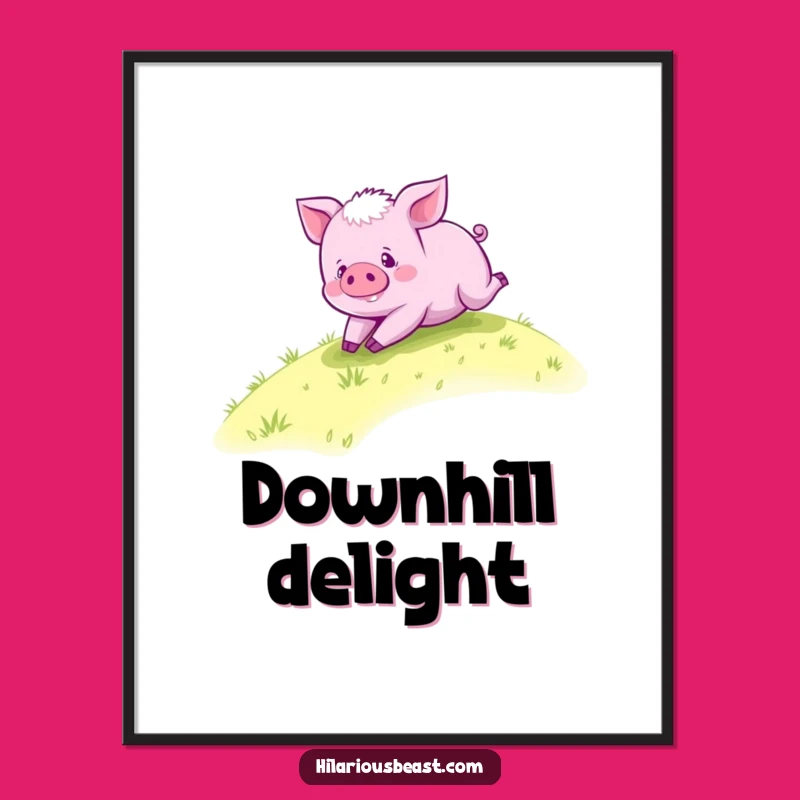 Funny Purple Piglet Rolling Poster - Happy Hillside Piggy Wall Art Gift