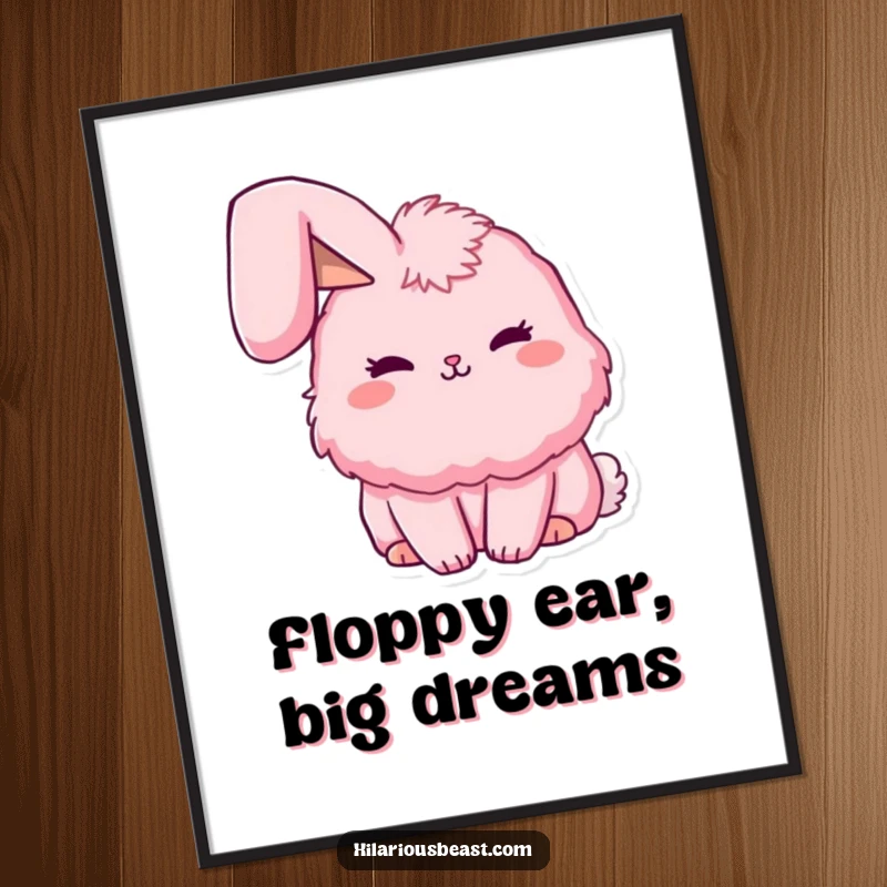 Funny fluffy pink bunny poster featuring one ear charmingly flopped, creating a sweet and humorous visual. Perfect funny wall art.