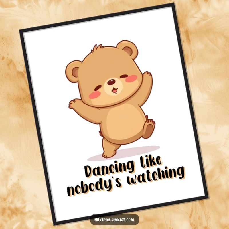 Funny brown bear cub poster in a shaky, awkward dance pose, radiating infectious energy and endearing clumsiness. Ideal funny wall decor.