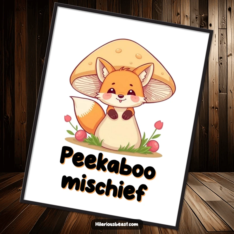Funny fox art poster print of a giggling fox peeking from behind a large, wobbly mushroom, evoking woodland charm.
