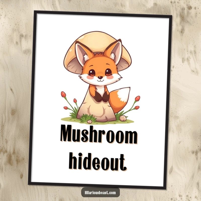 Funny mischievous fox cub peeking from behind a giant mushroom, art poster, adding whimsical and playful charm to any wall.