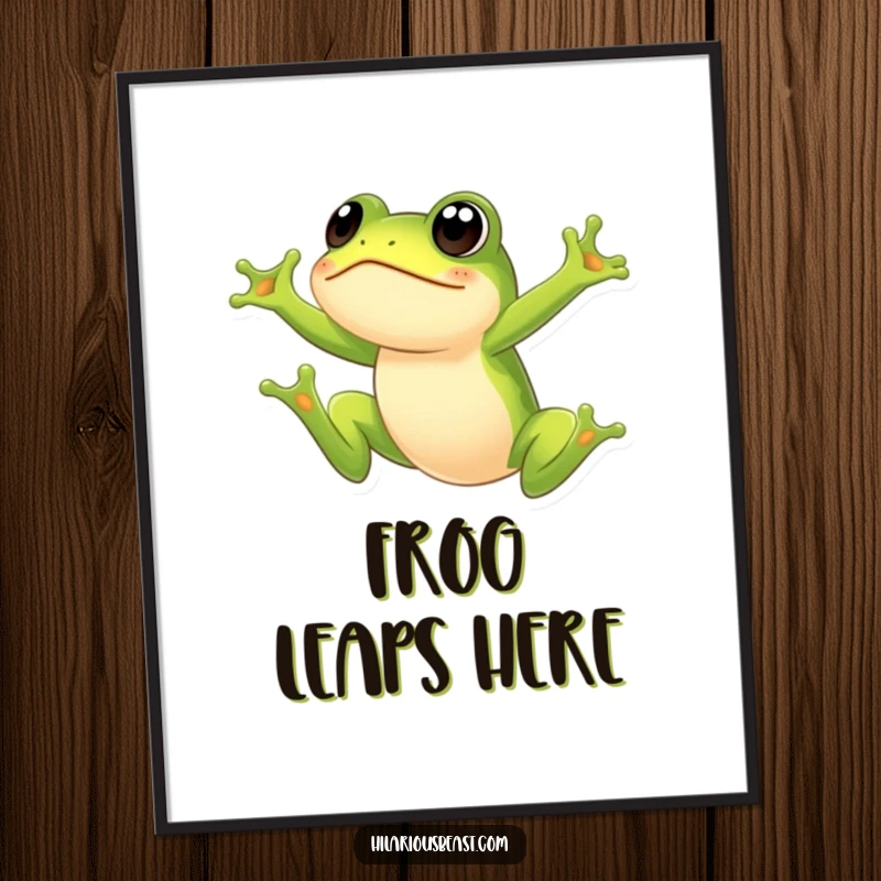 Funny frog poster print of a small green frog leaping high with a comically surprised expression, adding humor to any wall. Ideal for lovers of funny animal art.