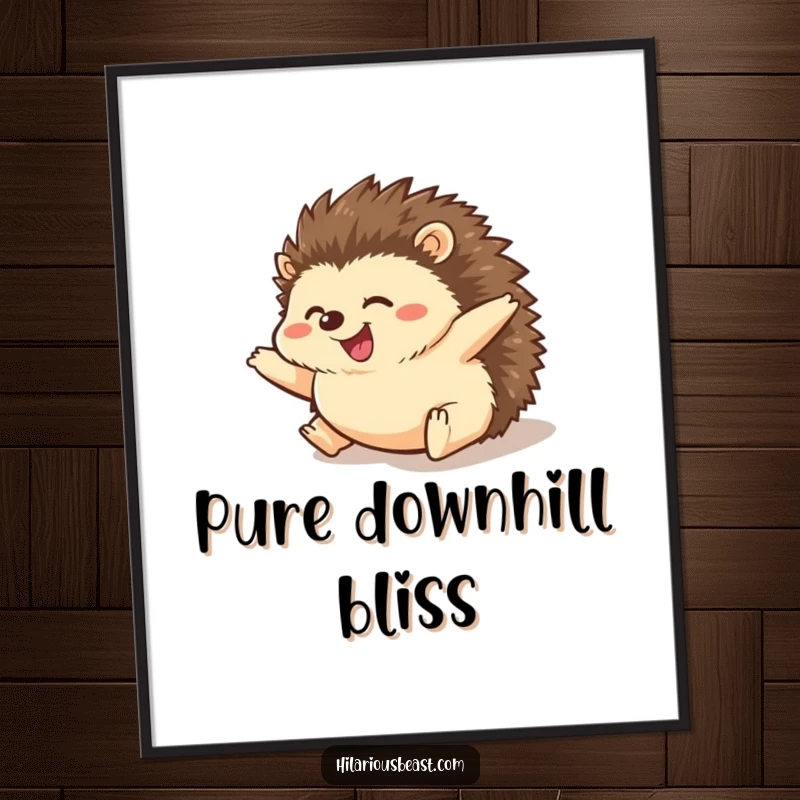 Funny hedgehog poster illustrating a chubby hedgehog rolling with extreme glee down a slope, paws spread wide in an adorable, amusing spectacle.