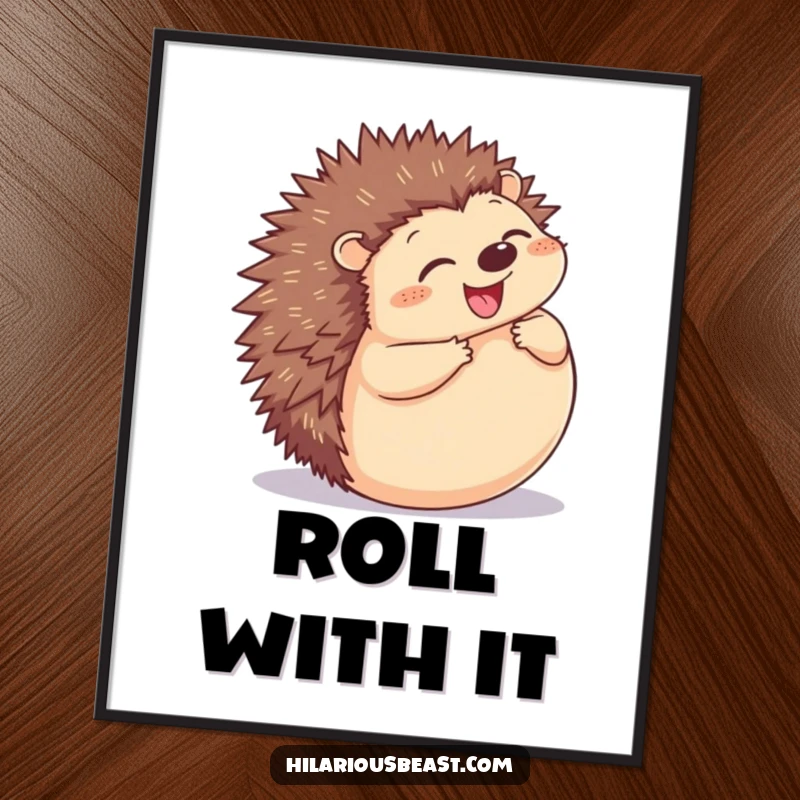 Funny Hedgehog Rolling Poster: a plump hedgehog grinning as it joyfully rolls into a tight, spiky ball.