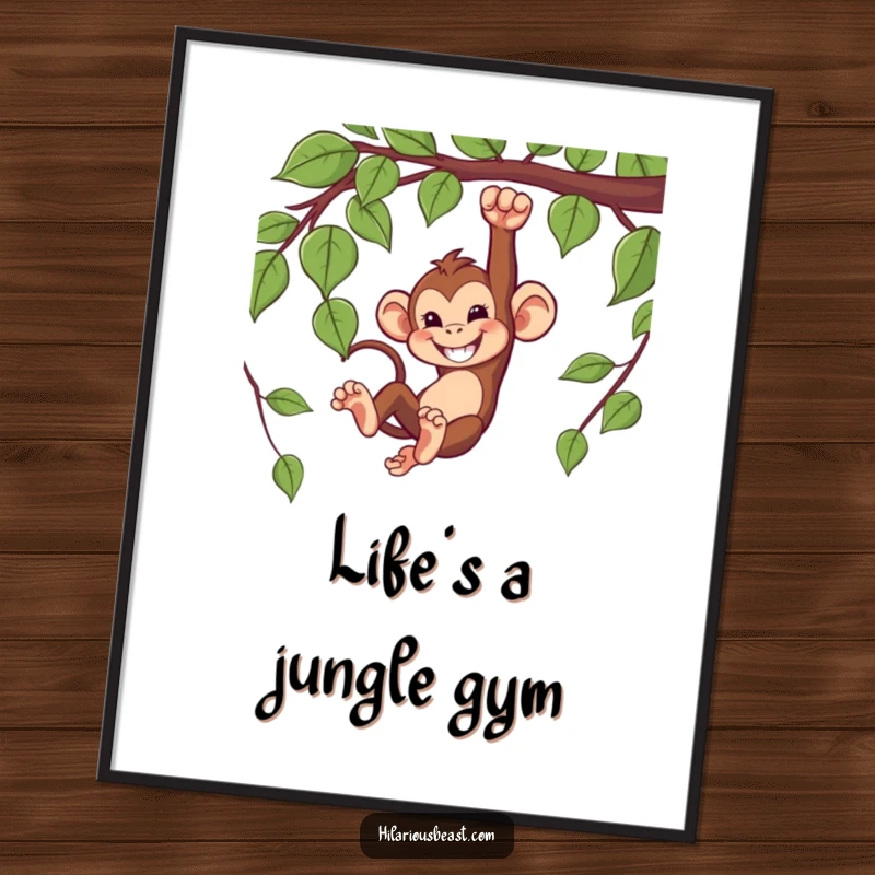 Funny poster art of a mischievous monkey swinging from a vine with a wide, happy grin.