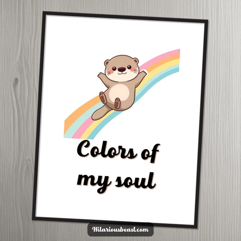 Funny otter poster depicting a cute otter gracefully sliding down a vibrant rainbow, arms outstretched, bringing a splash of imaginative fun.