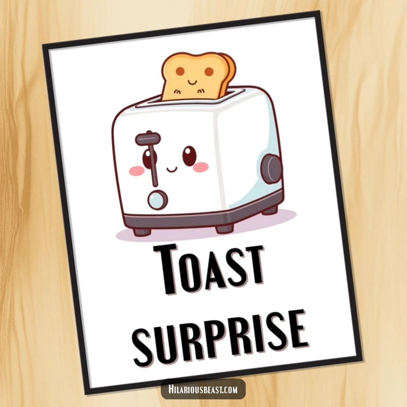 Funny poster featuring a square toaster with a happy expression, joyfully popping toast upwards with a spring, adding cheerful humor.