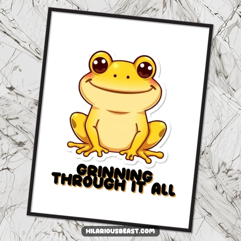 Funny yellow frog poster with an enormous, goofy grin, radiating joy and infectious cheerfulness. Ideal funny wall decor.