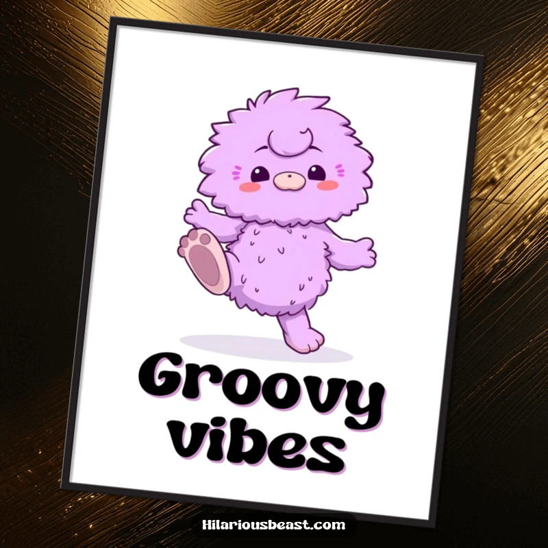 Funny poster of a fluffy purple creature performing a silly dance with comically oversized feet, adding whimsical, humorous energy to any room.