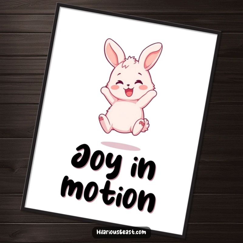 Funny Bunny Bouncing Poster - Humorous wall art of a fluffy pink bunny joyfully bouncing, with ears flopping playfully, radiating happiness.