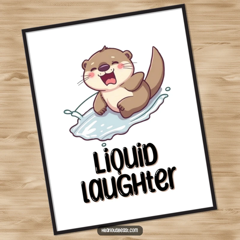 Funny giggling otter sliding down a slippery hill with a splash of water, displayed on a poster, bringing playful and watery wall art.