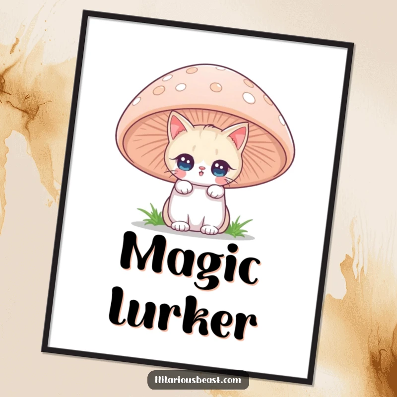 Vibrant poster of a funny cat with twinkling eyes peeking from behind a giant mushroom, perfect for whimsical wall art and a funny gift.