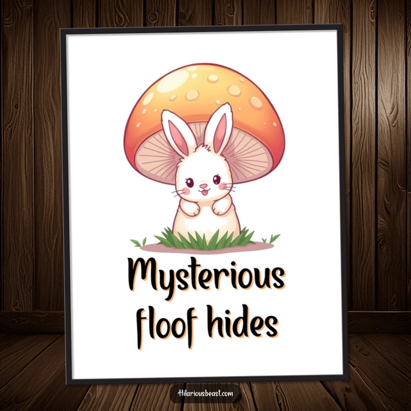 Funny poster featuring a cute, fluffy bunny cautiously peeking from behind a giant, brightly colored mushroom, creating a sense of fantasy and humor.