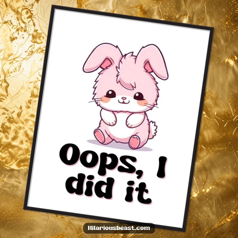 Funny poster of a fluffy pink bunny comically tripping over its own ears, a charmingly funny gift.