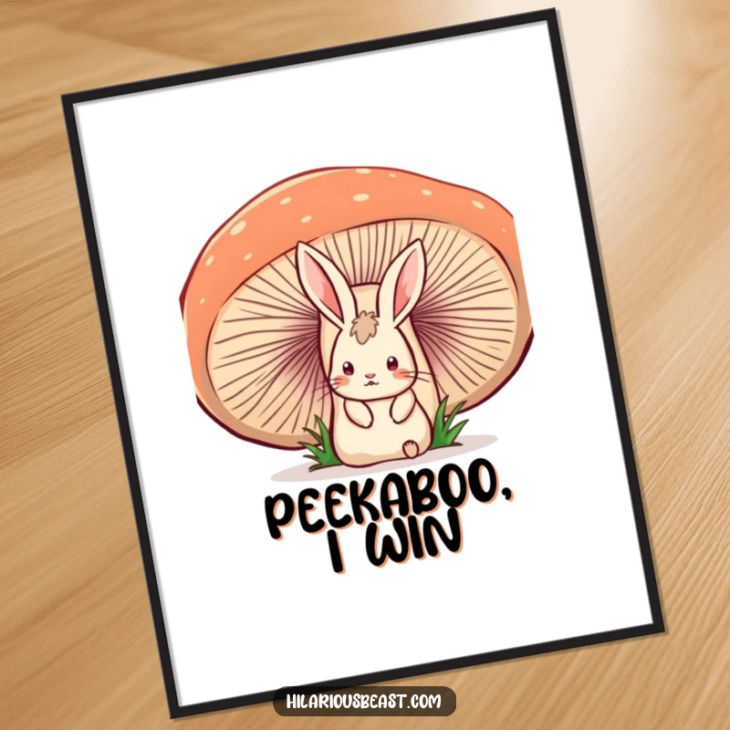 Funny poster depicting a startled rabbit cautiously peeking from behind a giant, unstable mushroom, creating a humorous and surprising scene.