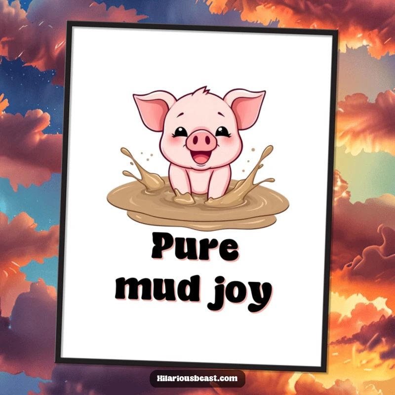 Funny Poster of a cheerful piglet joyfully splashing in a mud puddle, radiating happiness and playful energy.
