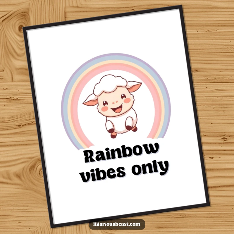Funny poster art of a happy little sheep with a wide grin leaping through a colorful rainbow arc, symbolizing optimism and joy.