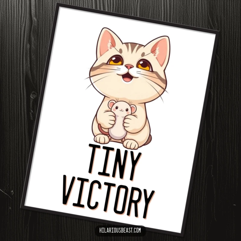 Vibrant poster of a funny cat with a mischievous grin holding a tiny mouse toy, perfect for humorous wall art and a funny gift.