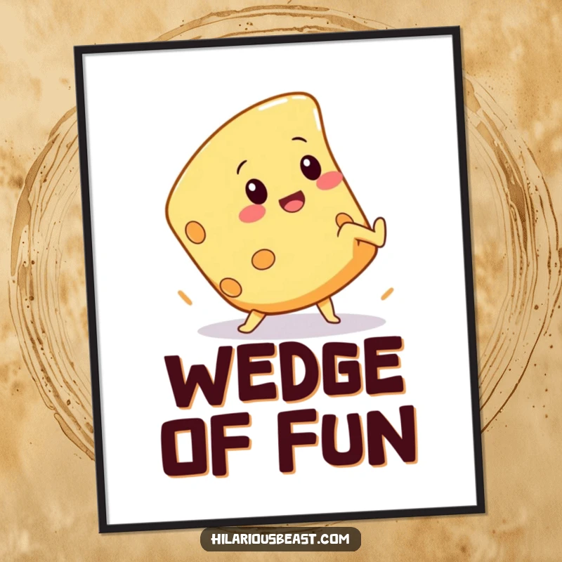 Funny poster featuring a squeaky cheese wedge character in a comical cartwheel, perfect for adding a dash of dairy humor to decor.