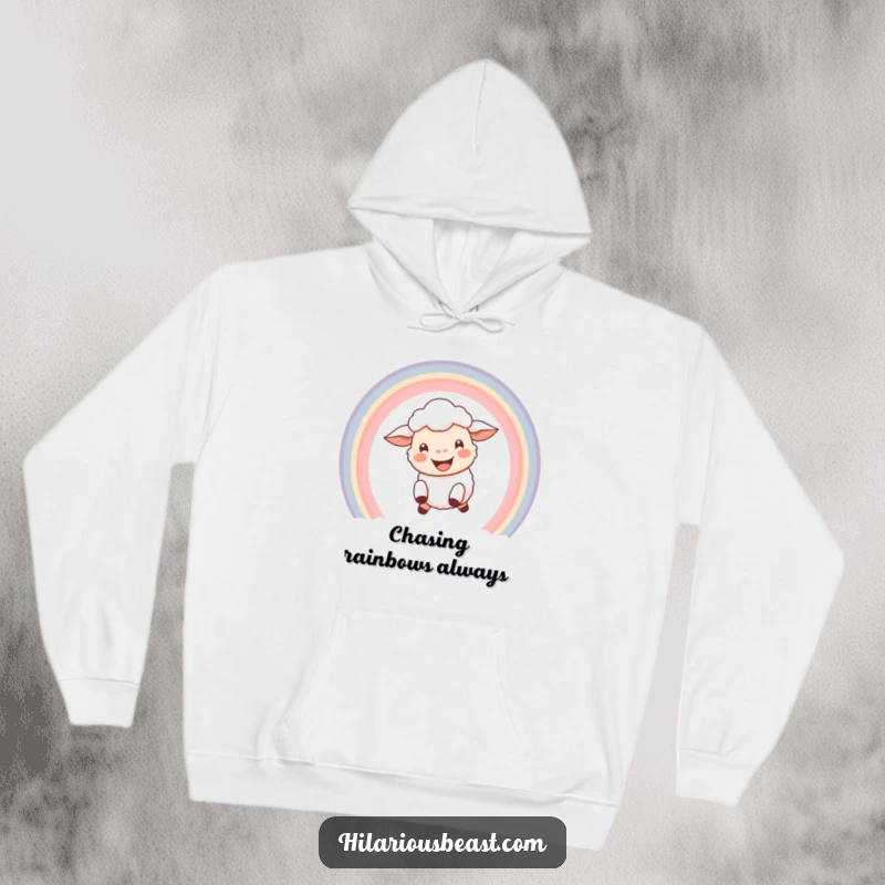 Funny and cozy hoodie featuring a small, happy sheep with a wide grin leaping energetically through a vibrant rainbow, symbolizing joy.