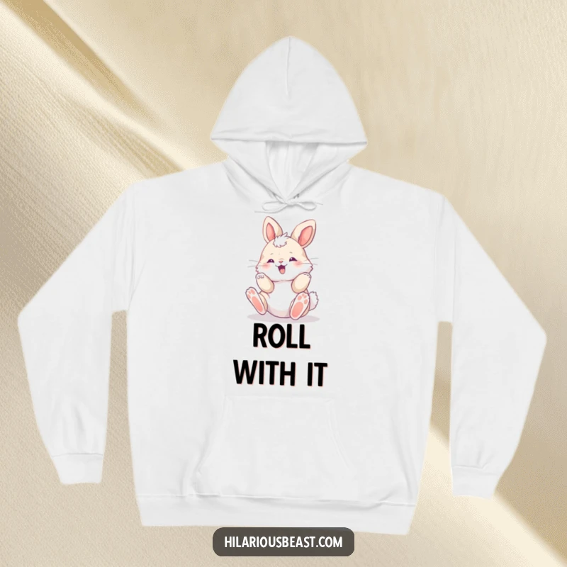 Funny fluffy bunny cub rolling with delight, paws up, cozy hoodie, embodying comfort, playfulness, and adorable charm.