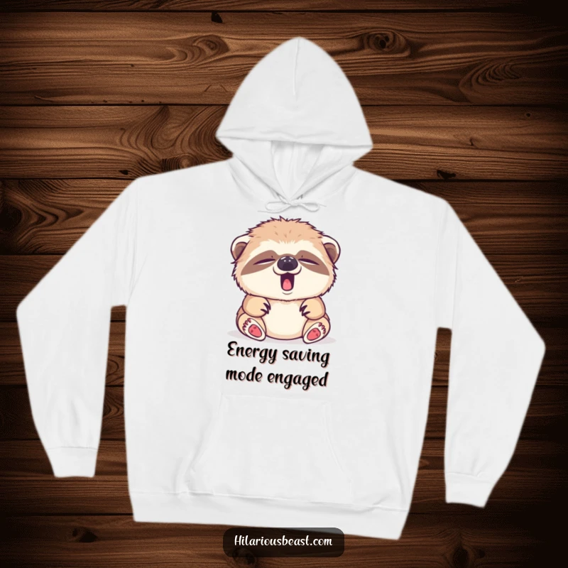 Funny sleepy sloth cub yawning, tiny yawn, soft and warm hoodie, comfort gift.