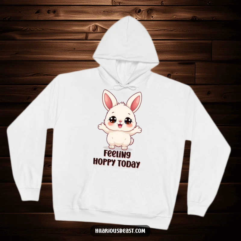 Funny fluffy bunny hoodie featuring a character with big eyes bouncing joyfully, radiating warmth, sweetness, and adorable happiness for a cozy, humorous experience.