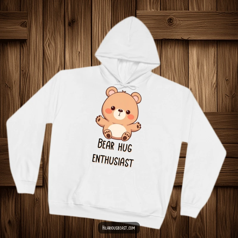 Funny round bear hoodie featuring a character with tiny paws waving enthusiastically, radiating warmth, friendliness, and cozy happiness for a humorous experience.