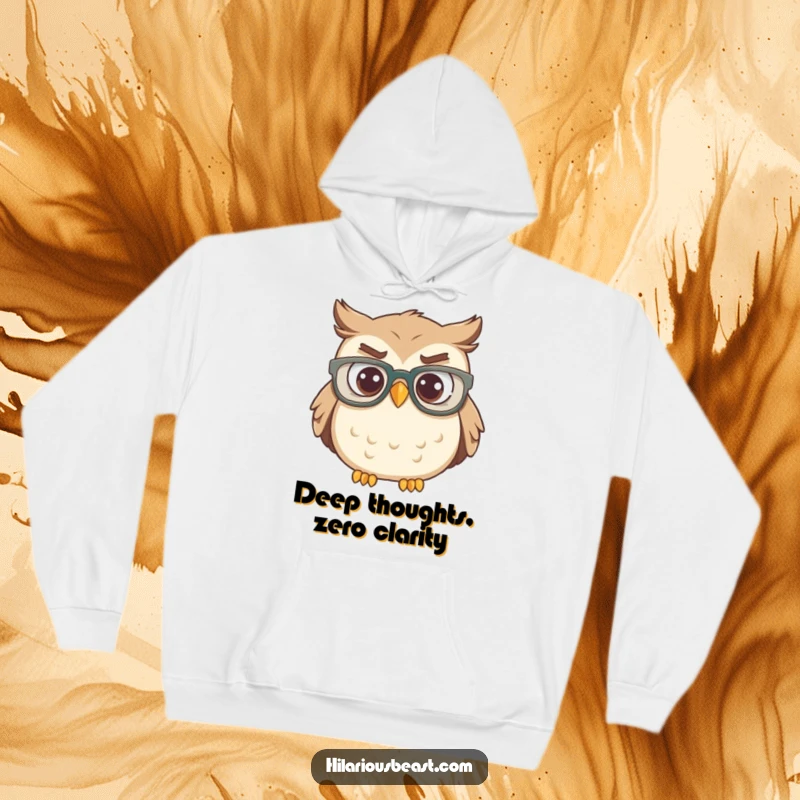 Funny owl wearing oversized glasses, head tilted in confusion, cozy hoodie perfect for gifting.