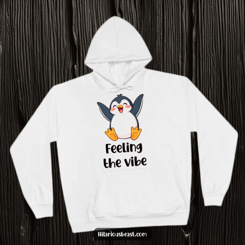 Funny hoodie with a happy penguin flapping its wings with exaggerated excitement, perfect for cozy and cheerful wear.