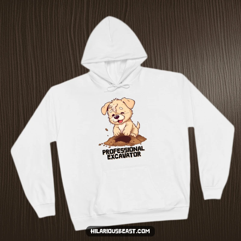 Funny scruffy puppy hoodie, a dog enthusiastically digging a hole with dirt flying, symbolizing playful energy.