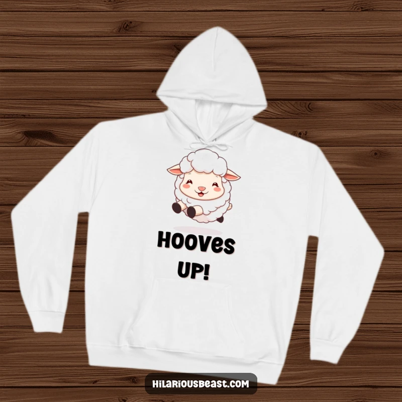 Funny sheep hoodie featuring a fluffy sheep wearing a silly grin and energetically bouncing its hooves with glee.